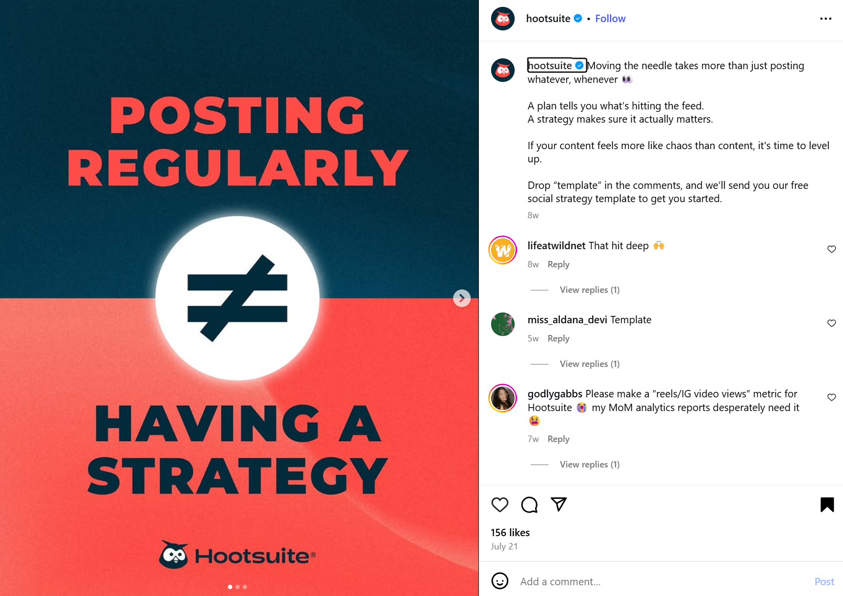 Hootsuite Instagram Carousel begins with the following hook on the first slide "Posting Regularly does not equal Having A Strategy"