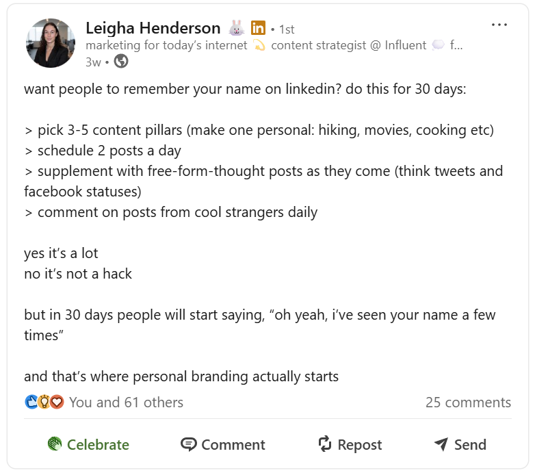 Leigha Henderson LinkedIn post on building a community with intentional posting