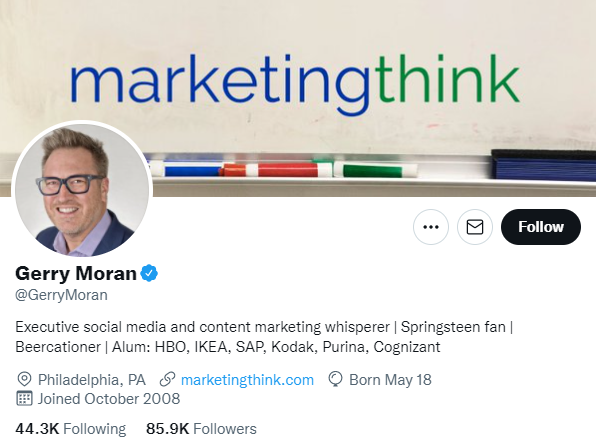 Gerry Moran. Social media marketer to follow on twitter