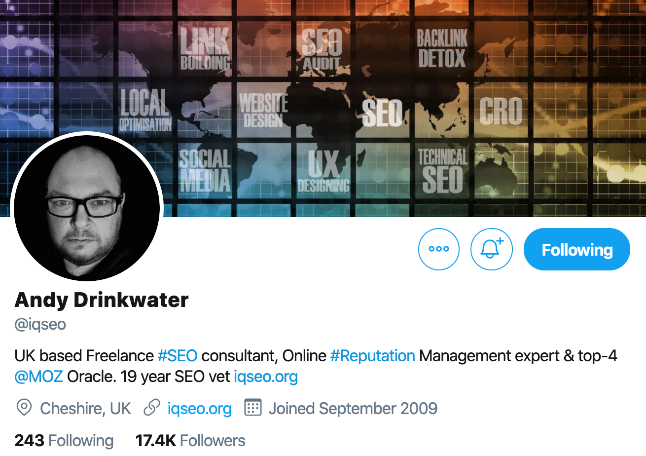 Andy Drinkwater. SEO consultant to follow on twitter