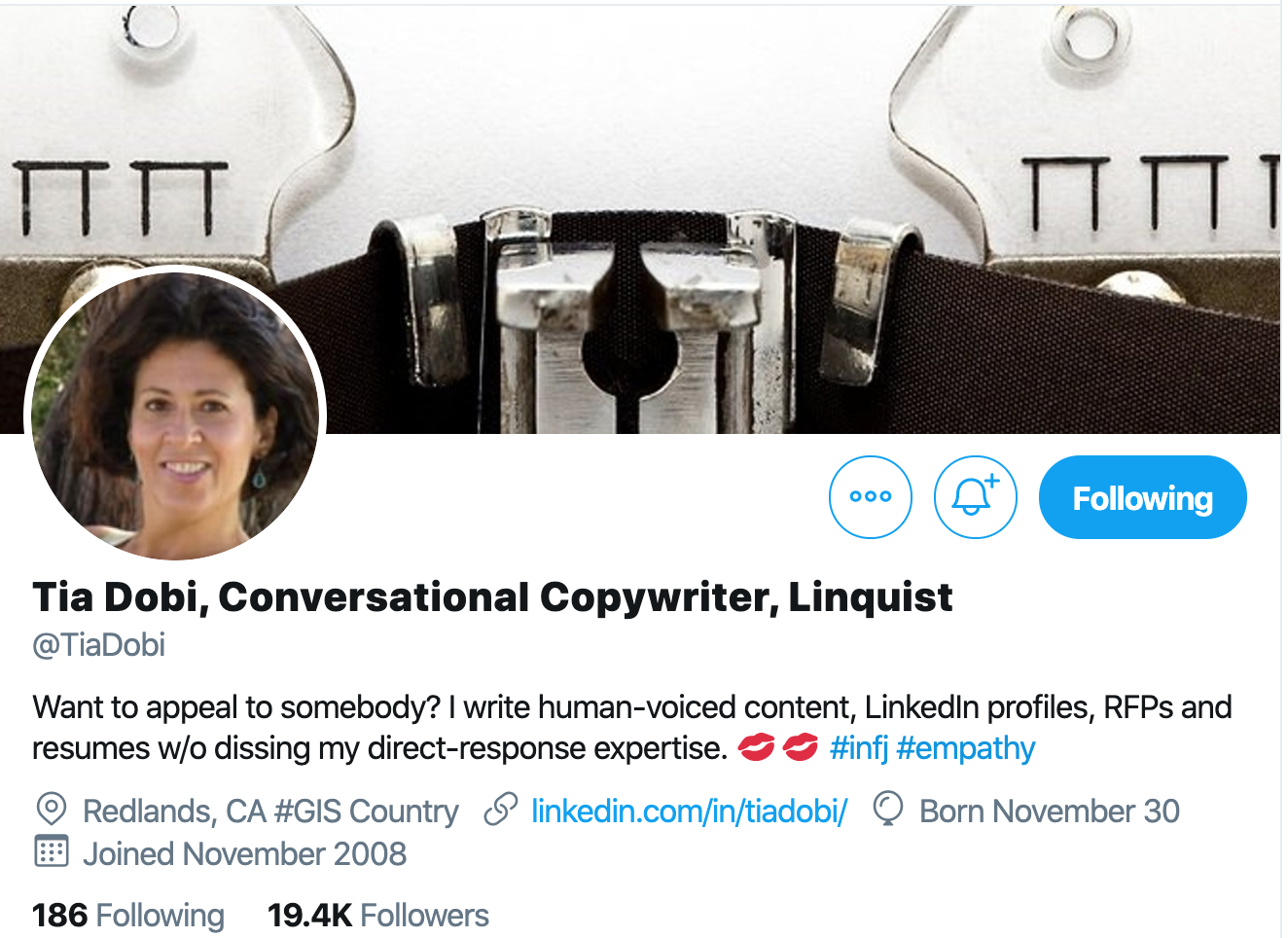 Tia Dobi. Conversational copywriter to follow on twitter