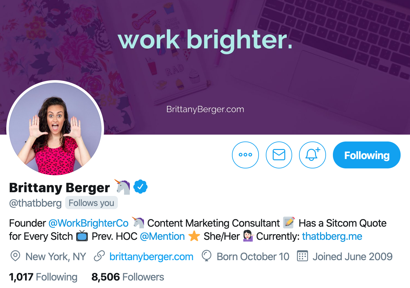 Brittany Berger. Content marketing consultant to follow on twitter