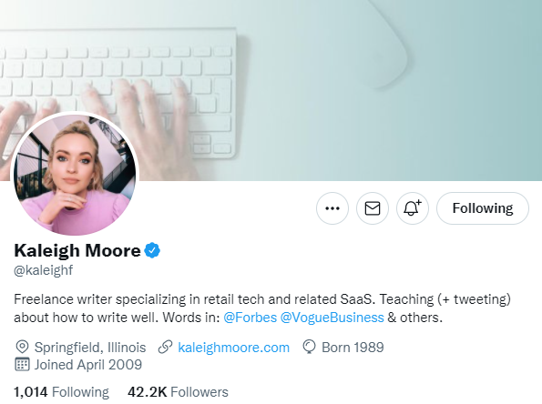 Kaleigh Moore. Content marketer to follow on twitter