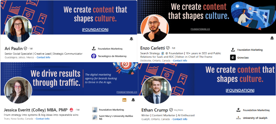 Four Foundation team members' LinkedIn profiles with matching branded banners and professional headshots