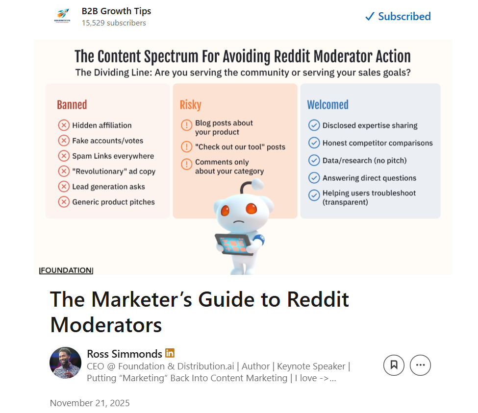Ross Simmonds' B2B Growth Tips LinkedIn newsletter showing an issue titled The Marketer's Guide to Reddit Moderators