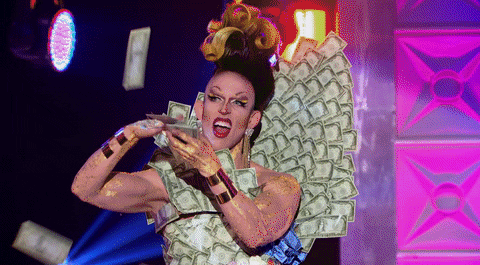 Drag Queen wearing a money dress throwing cash