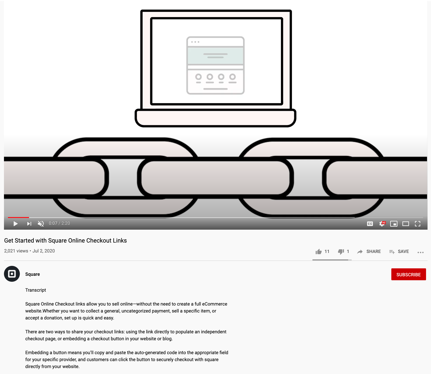 Screenshot of a Square YouTube video with transcription included in the desrciption