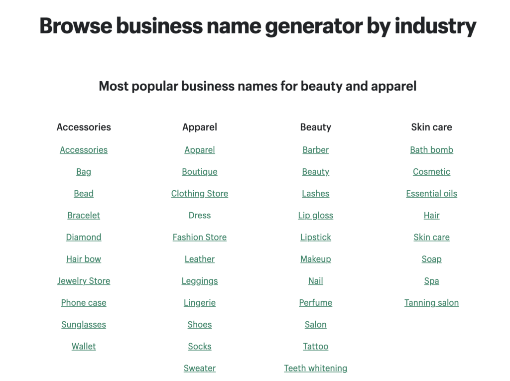 Business Name Generator - Internal Tool Links on Shopifys Main Landing Page