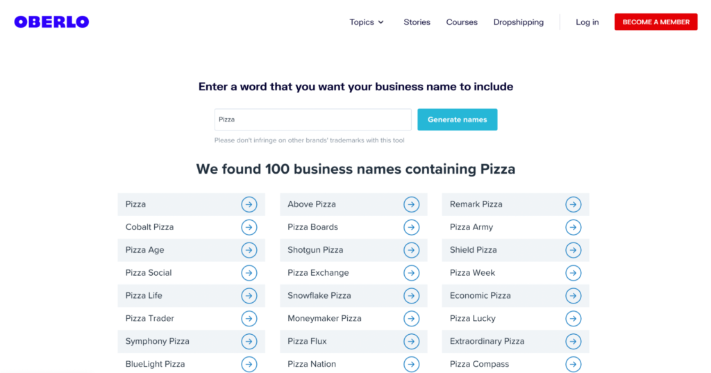 Business Name Generator - Oberlo Signup Flow