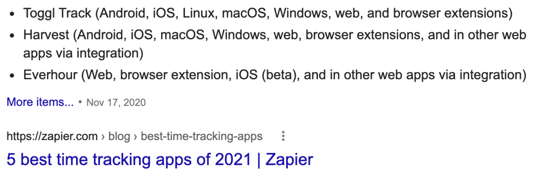Zapier Time Tracking Apps Featured Snippet
