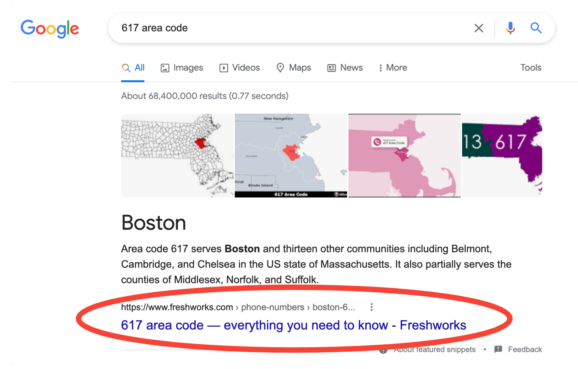 Boston Area Code Freshworks Featured Snippet