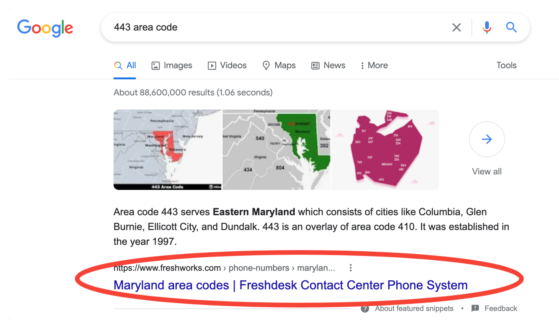Maryland Area Codes Freshworks Featured Snippet