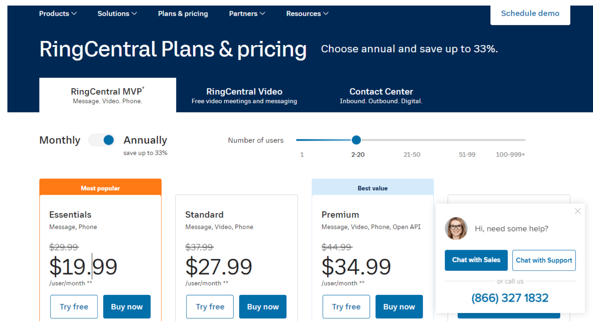 RingCentral Pricing Page