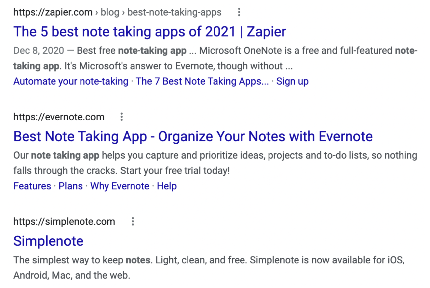 Zapier Note Taking App Search Results
