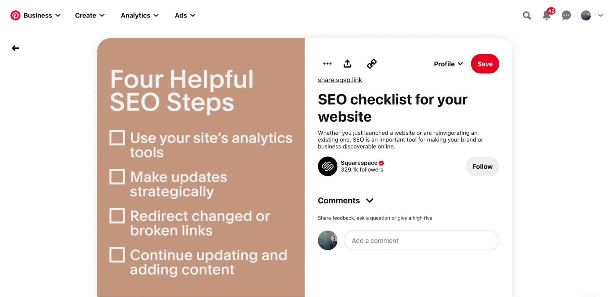 Squarespace' SEO checklist for your website' pin
