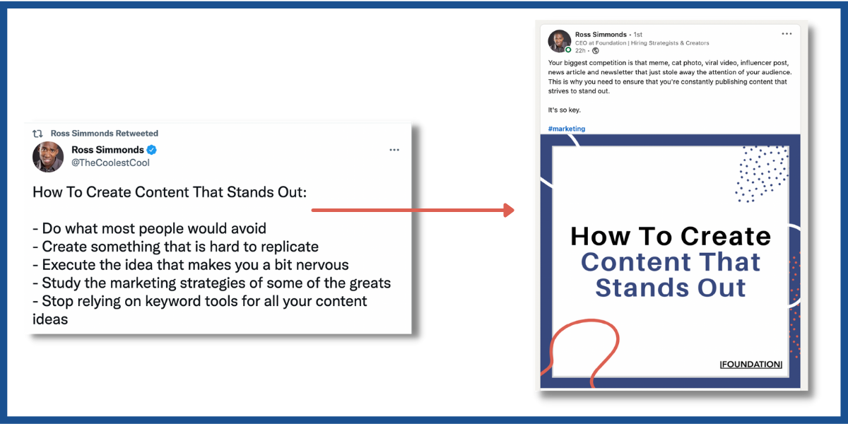 Ross Simmonds' tweet - how to create content that stands out