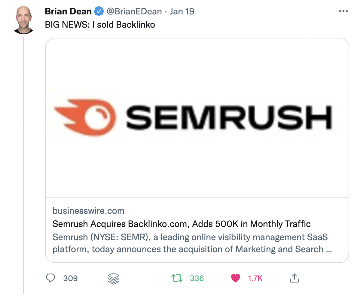 Screenshot of Brian Dean's Twitter announcement that he sold Backlinko