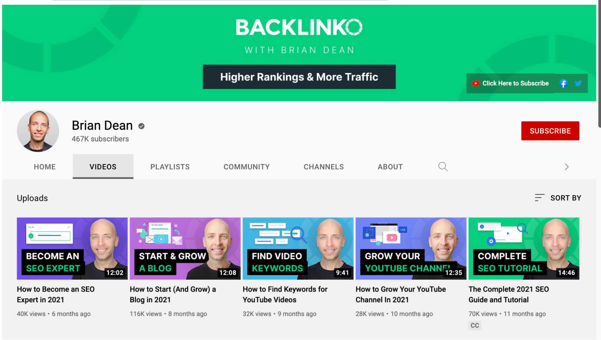 Screenshot of Backlinko's YouTube channel