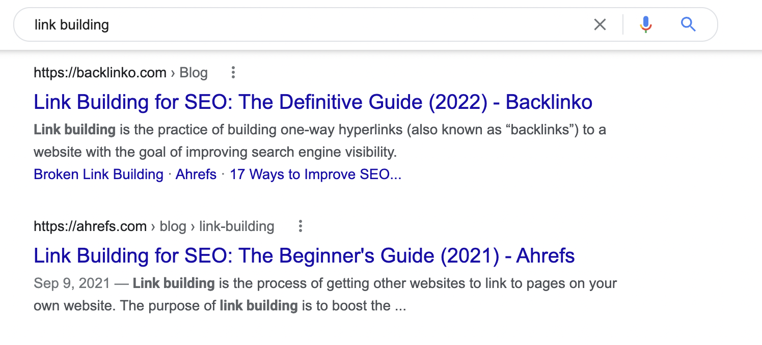 Google search result for "link building"