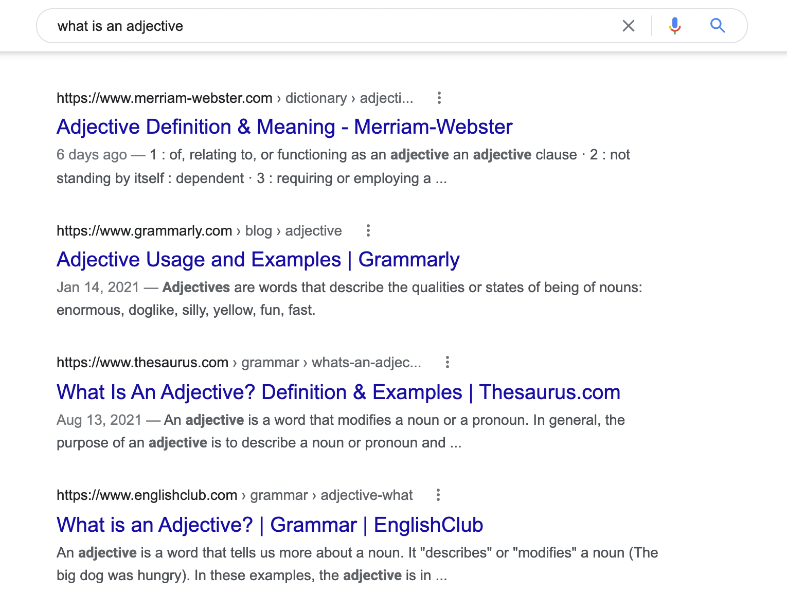 what is an adjective search results