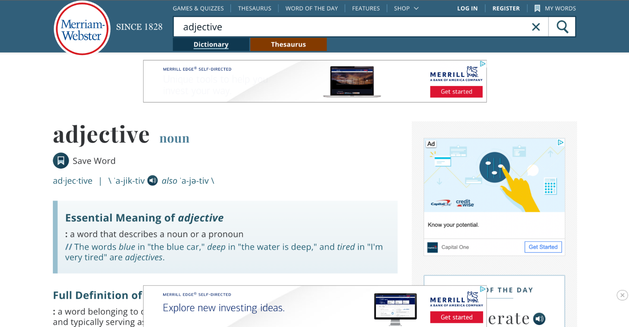 Merriam-Webster essential meaning of adjective