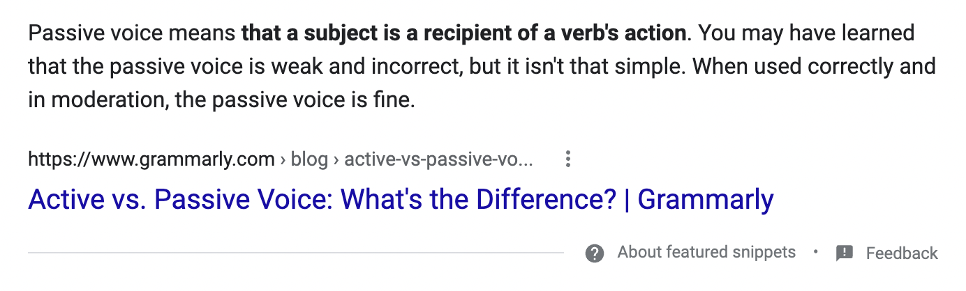 active vs. passive grammarly featured snippet