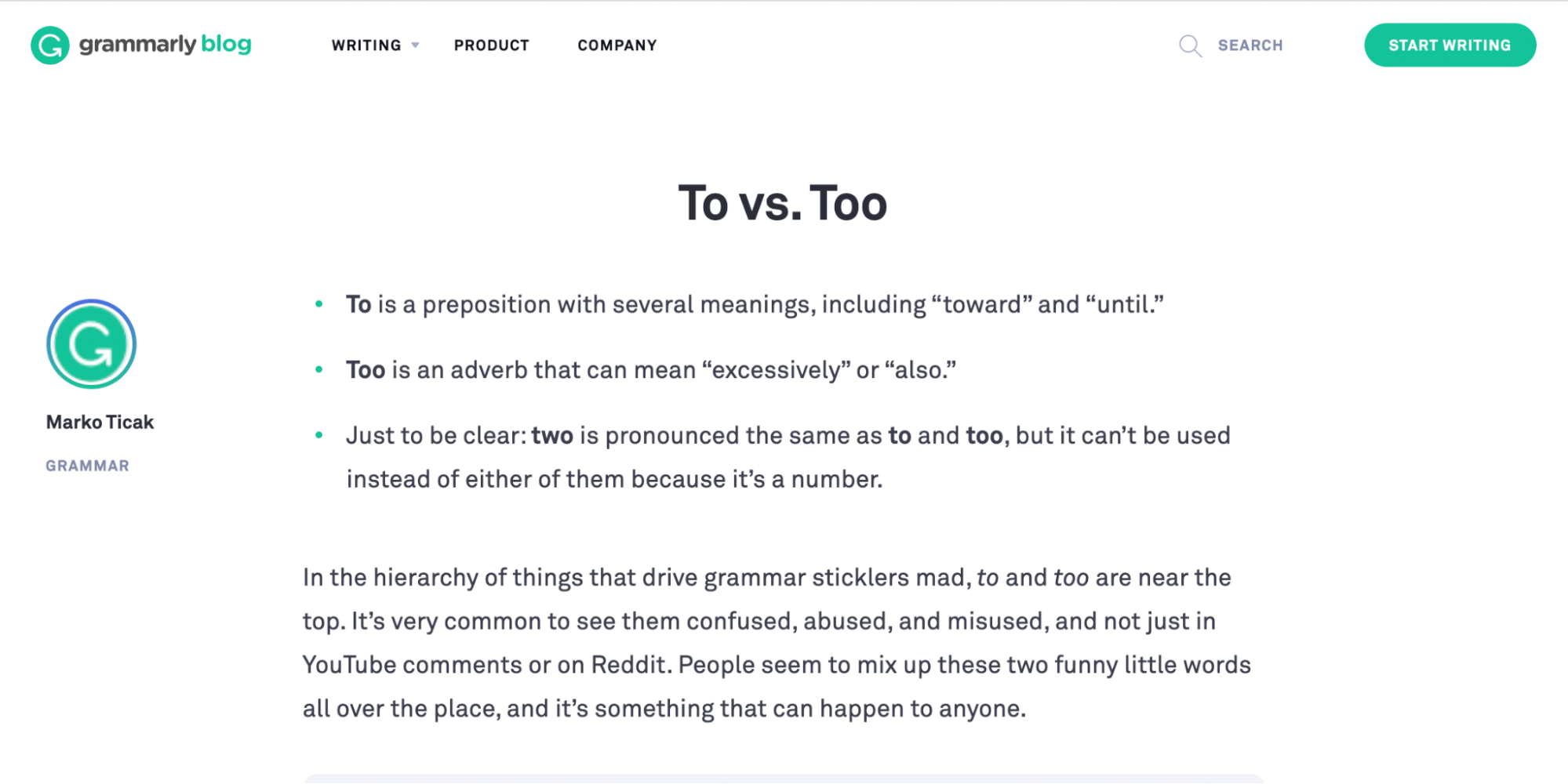 Grammarly To vs. Too