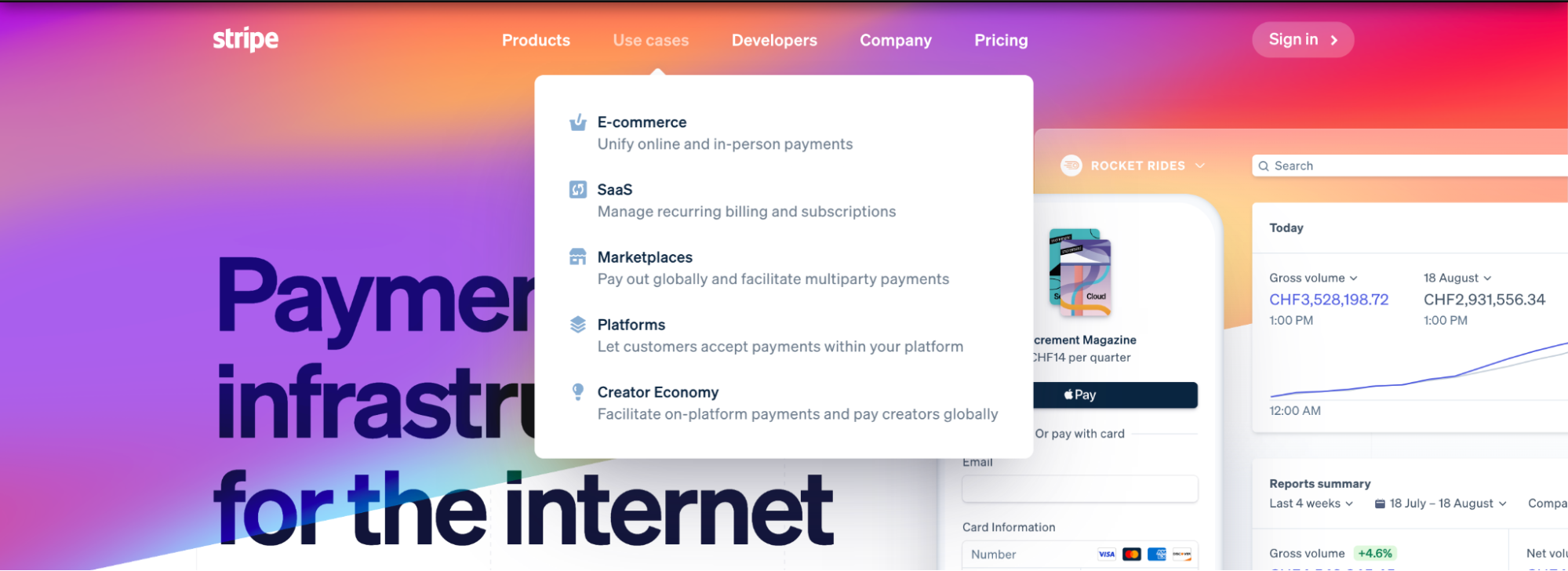 screenshot of Stripe website drop-down menu listing possible use cases for their product