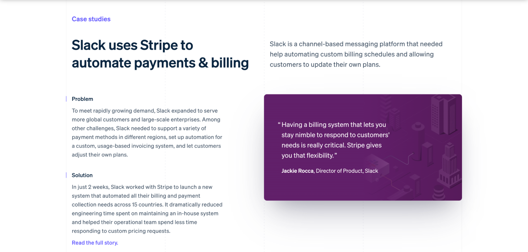 screenshot of Stripe's website showing a case study on how Slack uses Stripe in their business