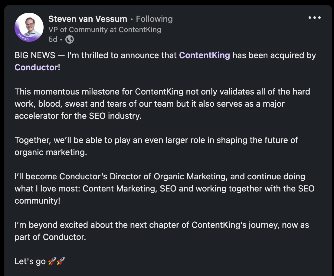 conductor acquires contentking announcement