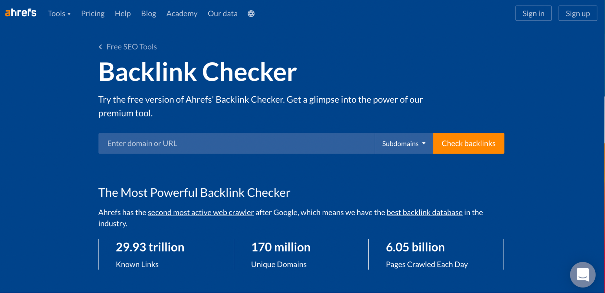 Screenshot of Ahrefs Backlink Checker homepage