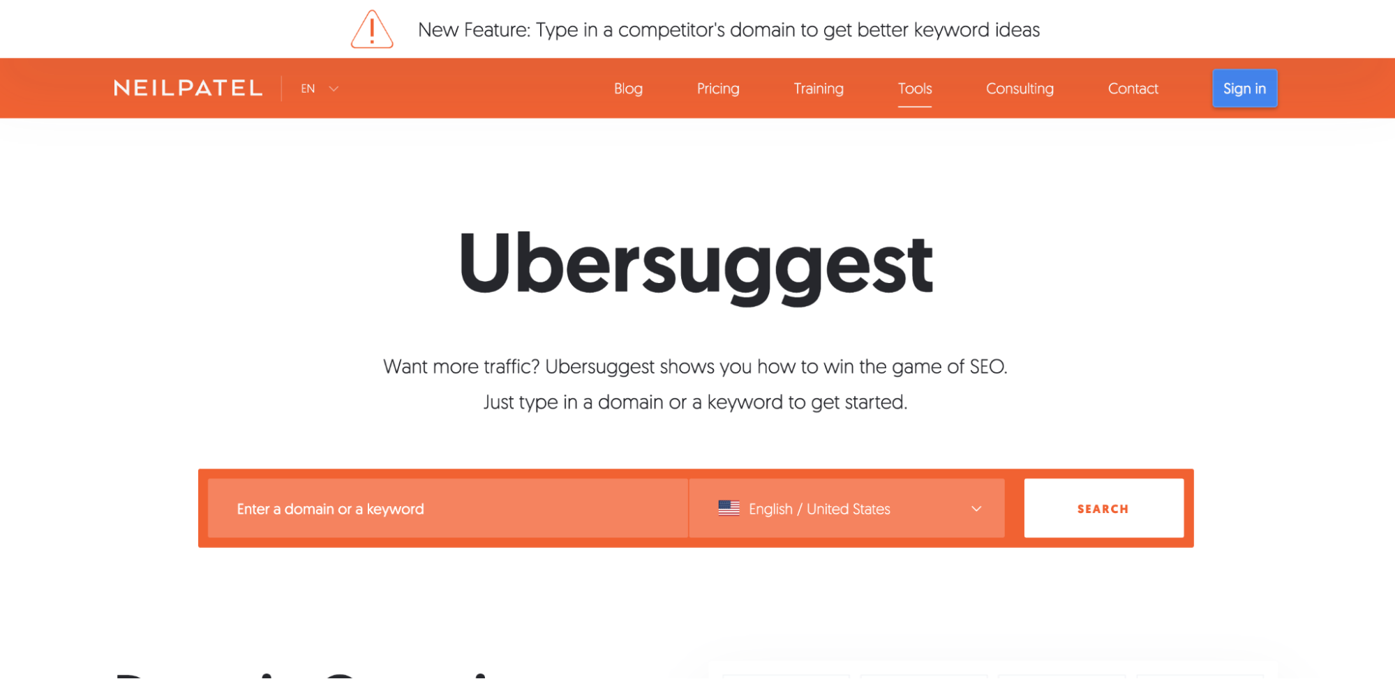 Screenshot of Ubersuggest keyword tool
