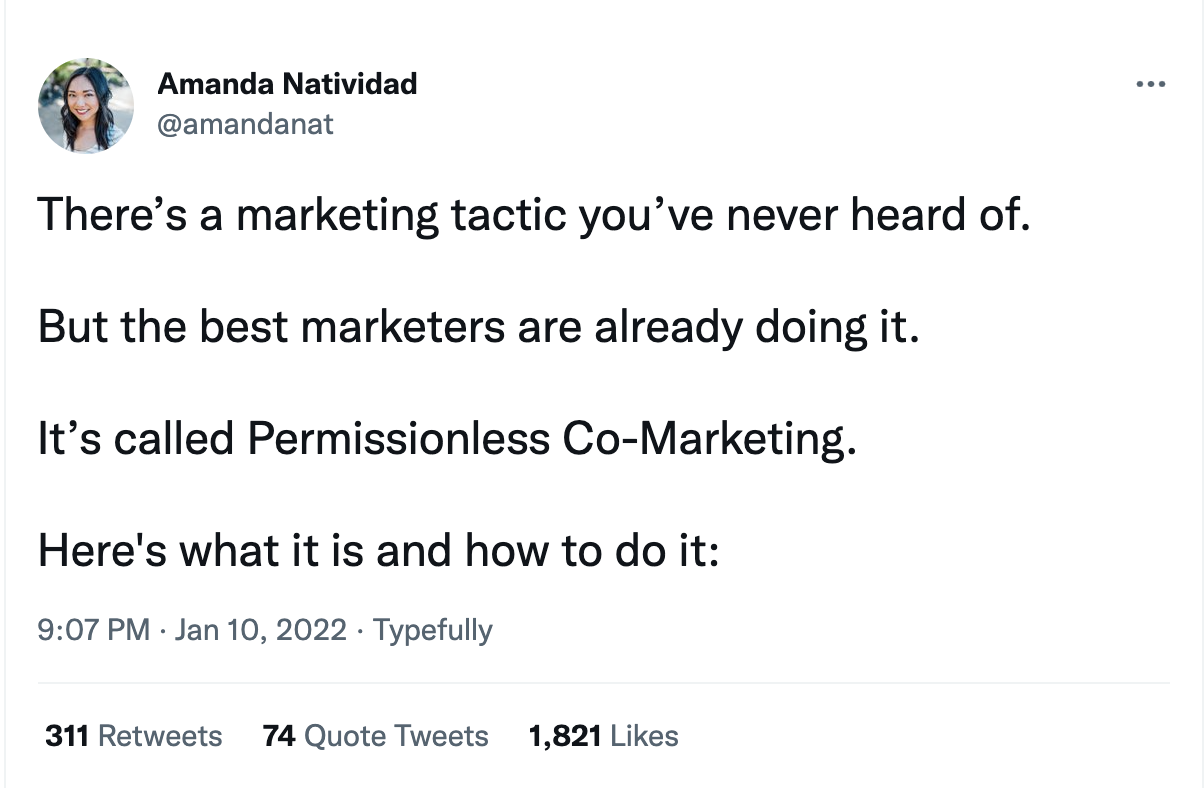 Amanda Natividad tweet about permissionless comarketing