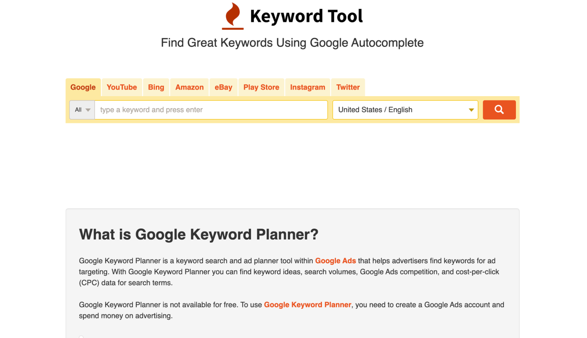 Screenshot of Keyword Tool homepage