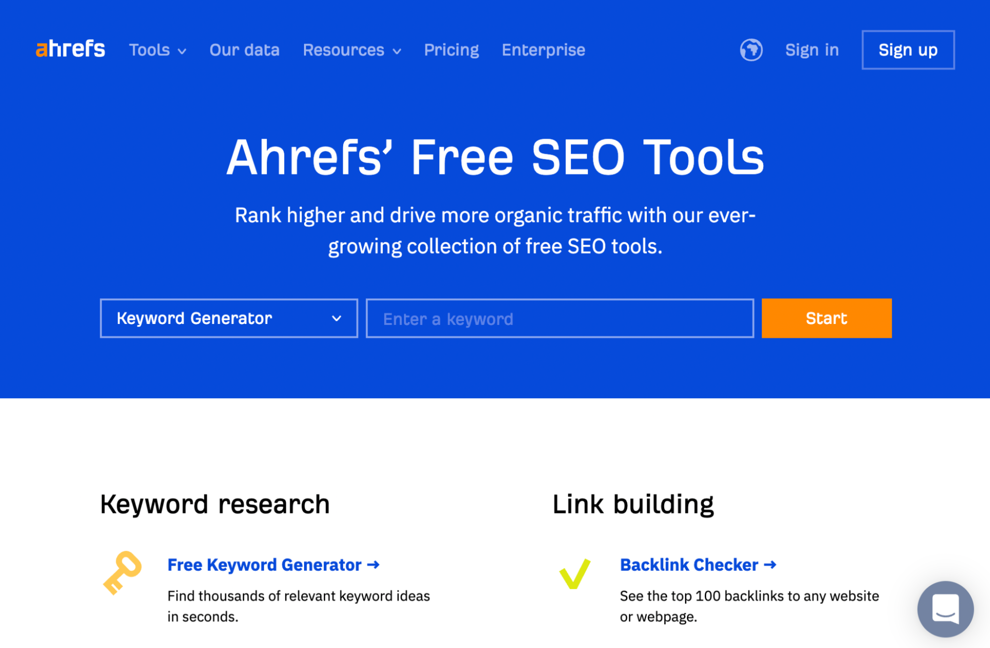 Screenshot of Ahrefs free seo tools homepage