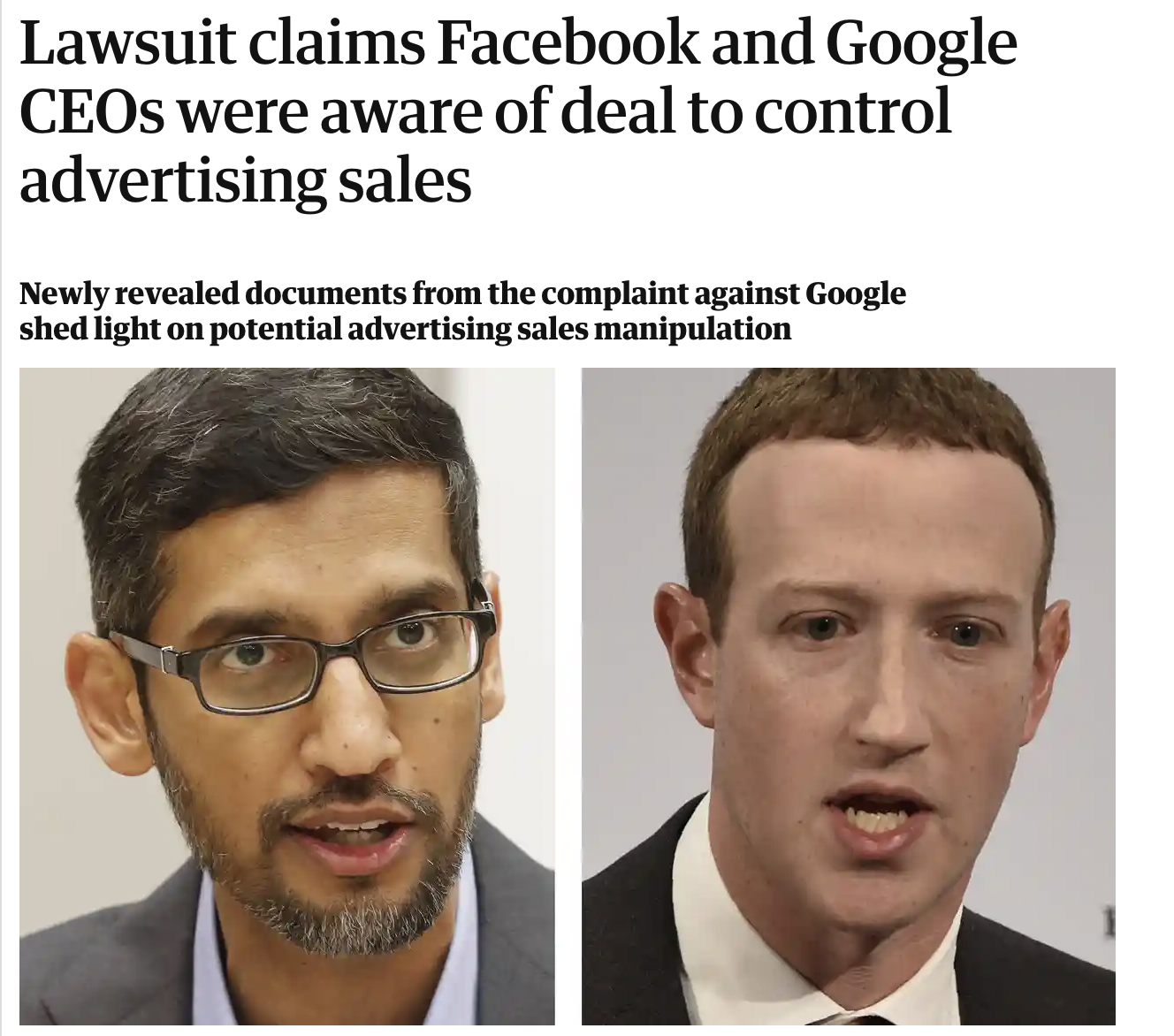 "Lawsuit claims Facebook and Google CEOs were aware of deal to control advertising sales