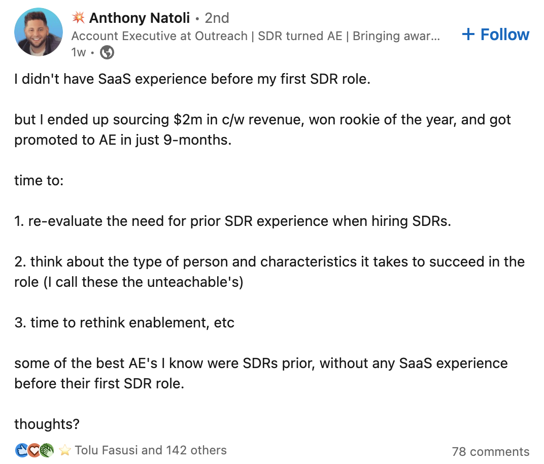 LinkedIn post from Anthony Natoli about not having SaaS experience before his first SDR role
