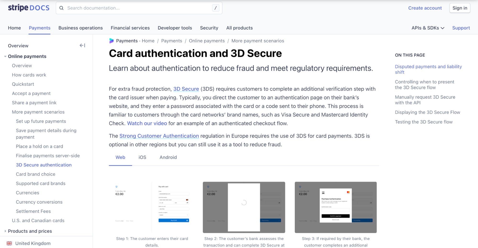 StripeDocs page for card authentication