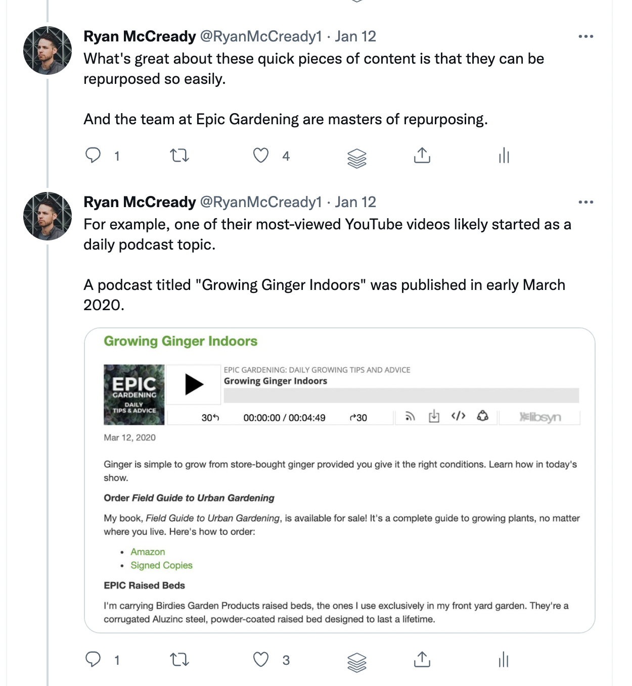 Screenshot of Ryan's Twitter thread about Epic Gardening Podcast