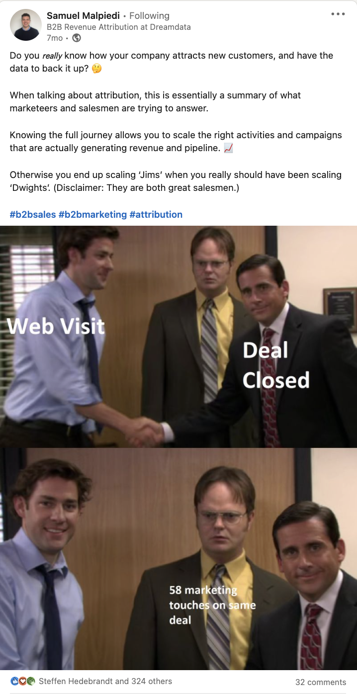 Samuel Malpiedi's LinkedIn post about B2B marketing with a meme from The Office