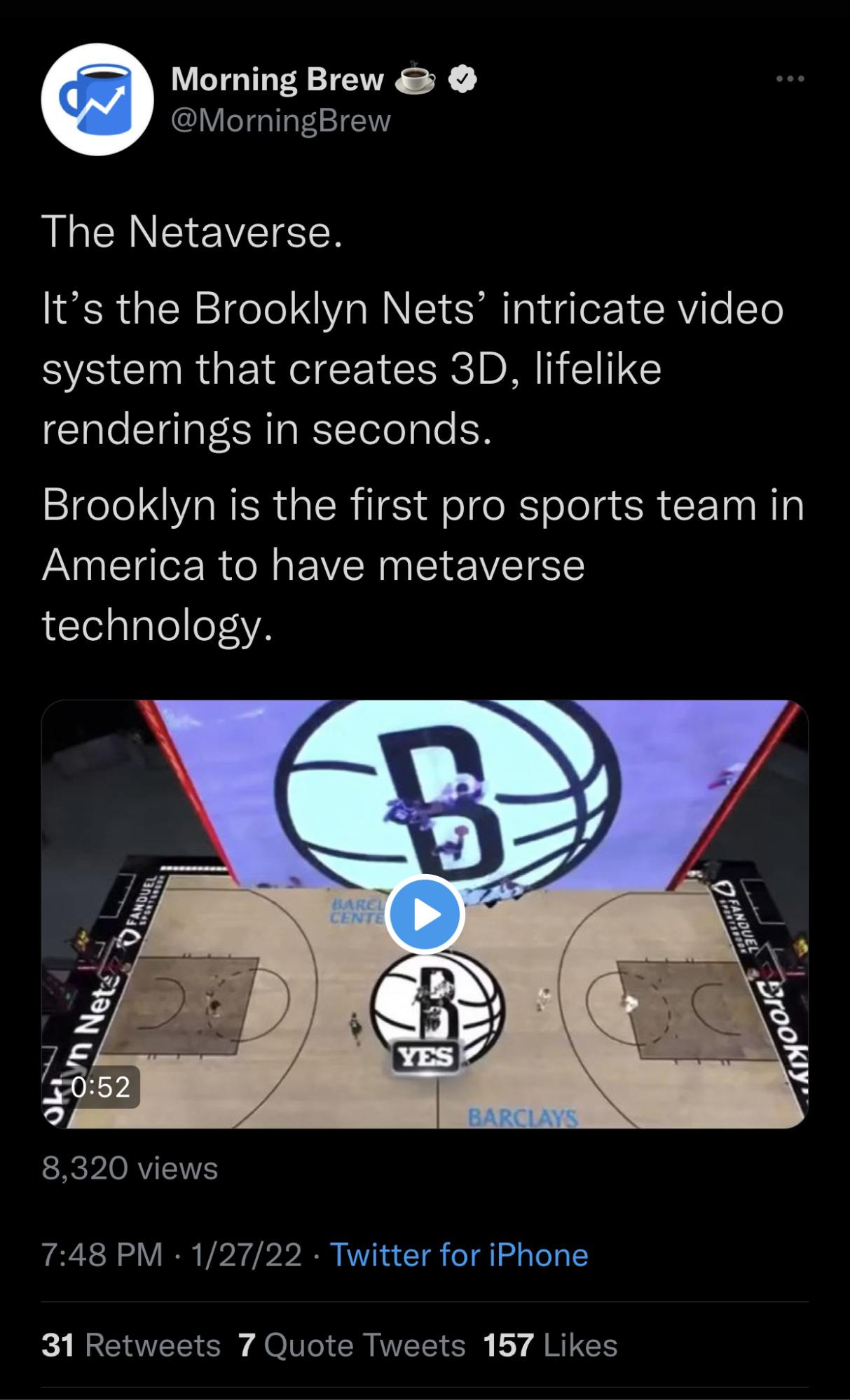 Morning Brew tweet about the Brooklyn Nets entering the metaverse