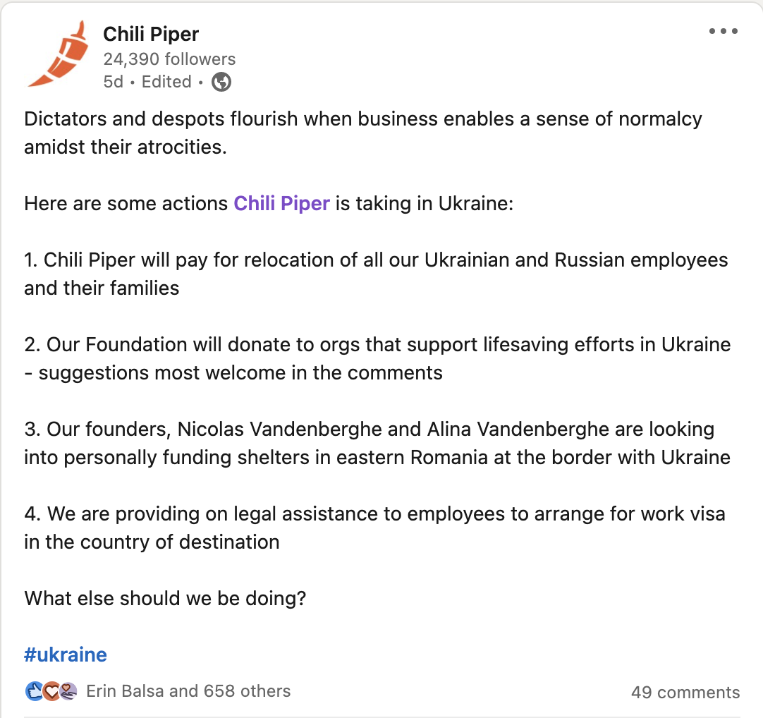 LinkedIn post from Chili Piper about actions taken in response to Ukraine invasion
