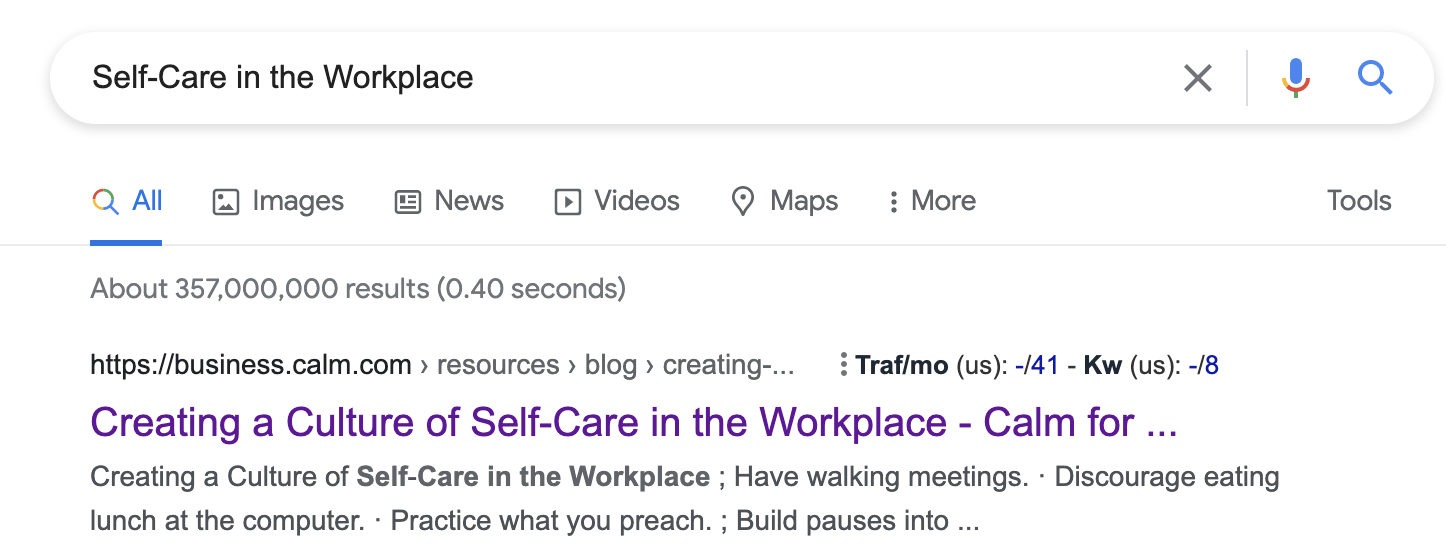 Google SERP for self care in the workplace