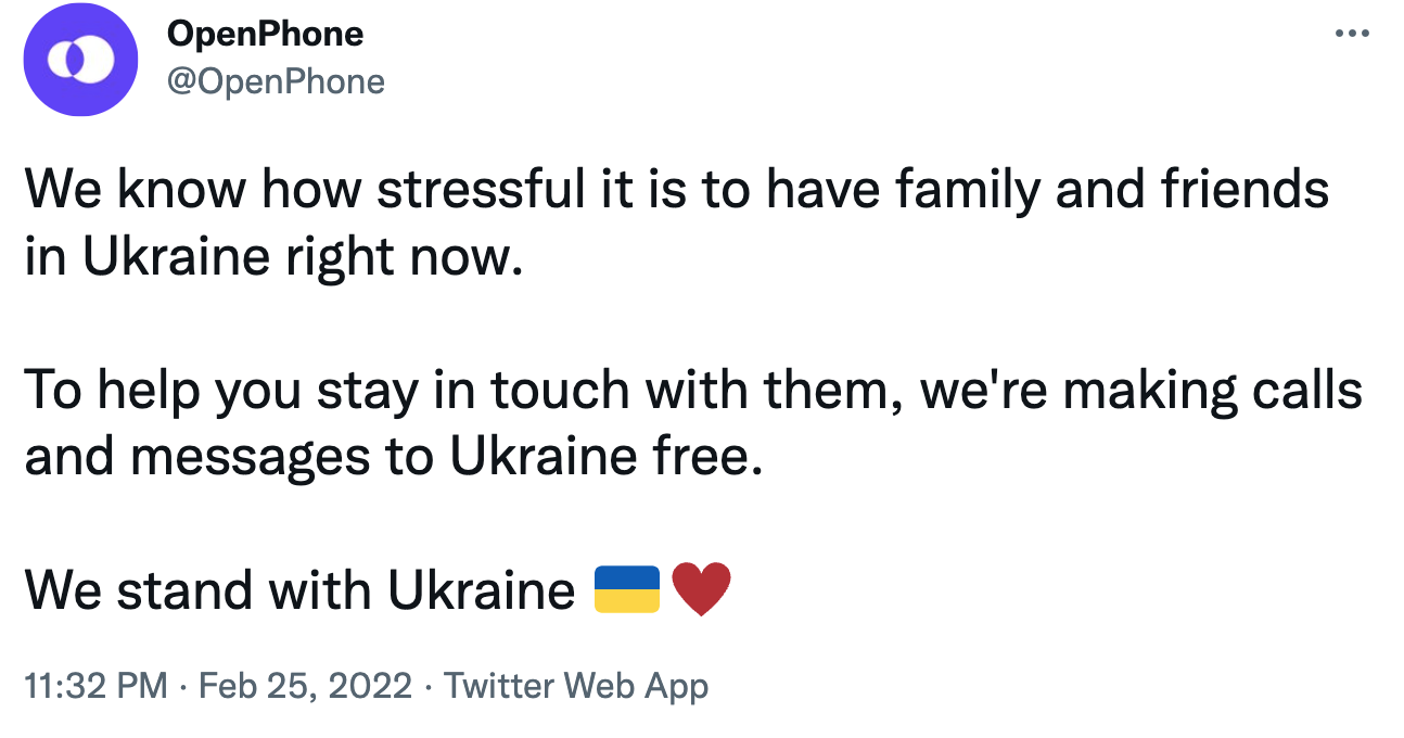 OpenPhone tweet about services they are providing for free to Ukrainians