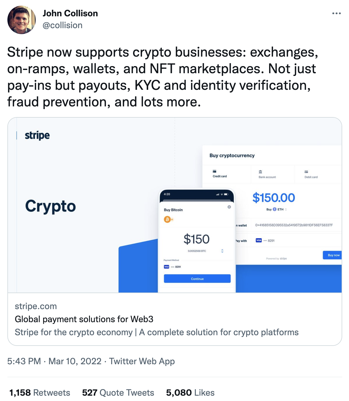 John Collison tweet about Stripe now supporting crypto businesses