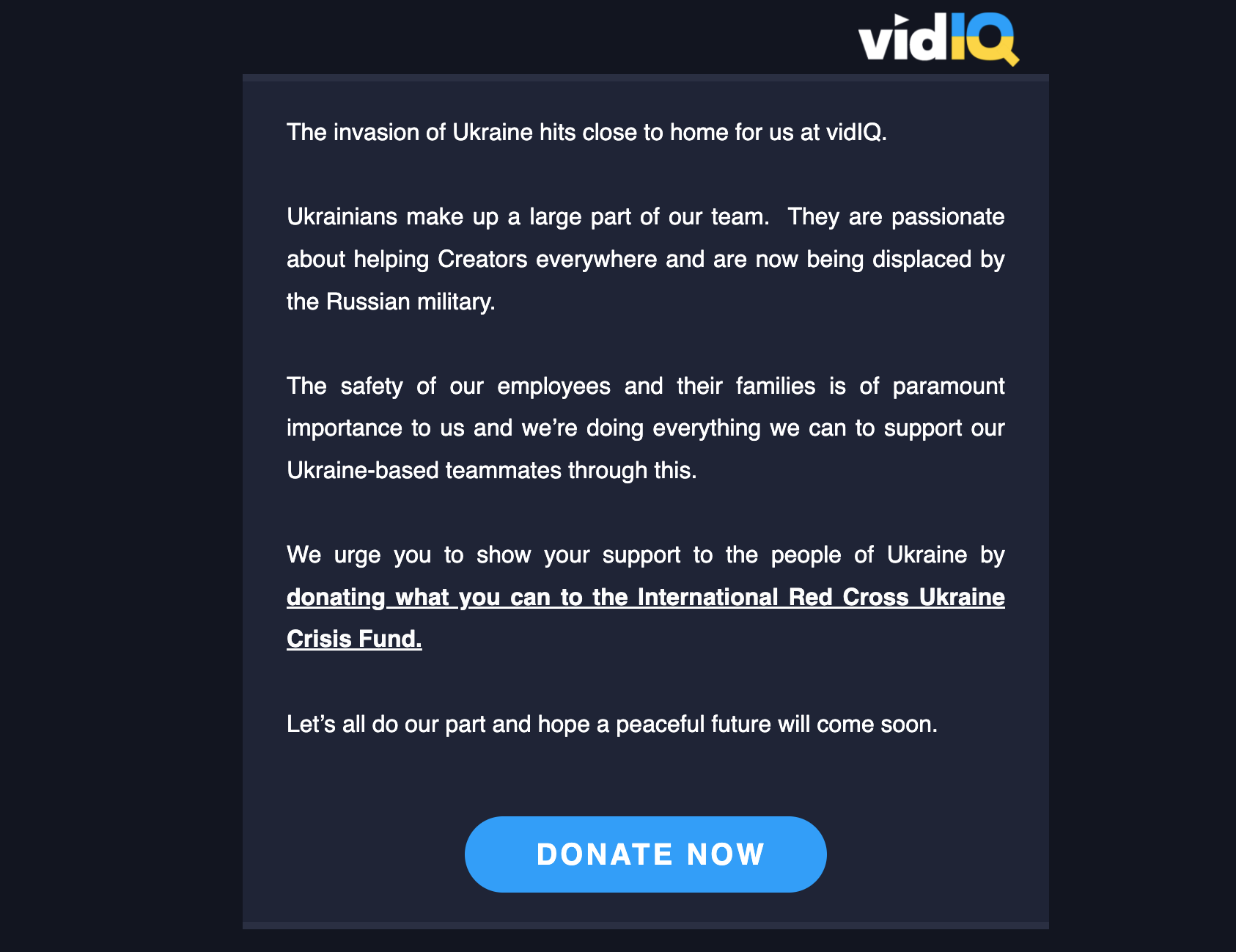 vidIQ donation page to support Ukraine