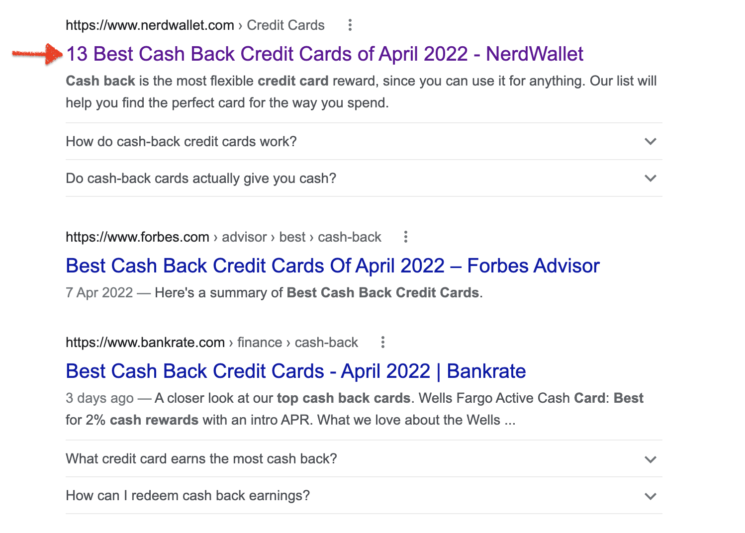 Search Engine Results Page for best cash back credit cards