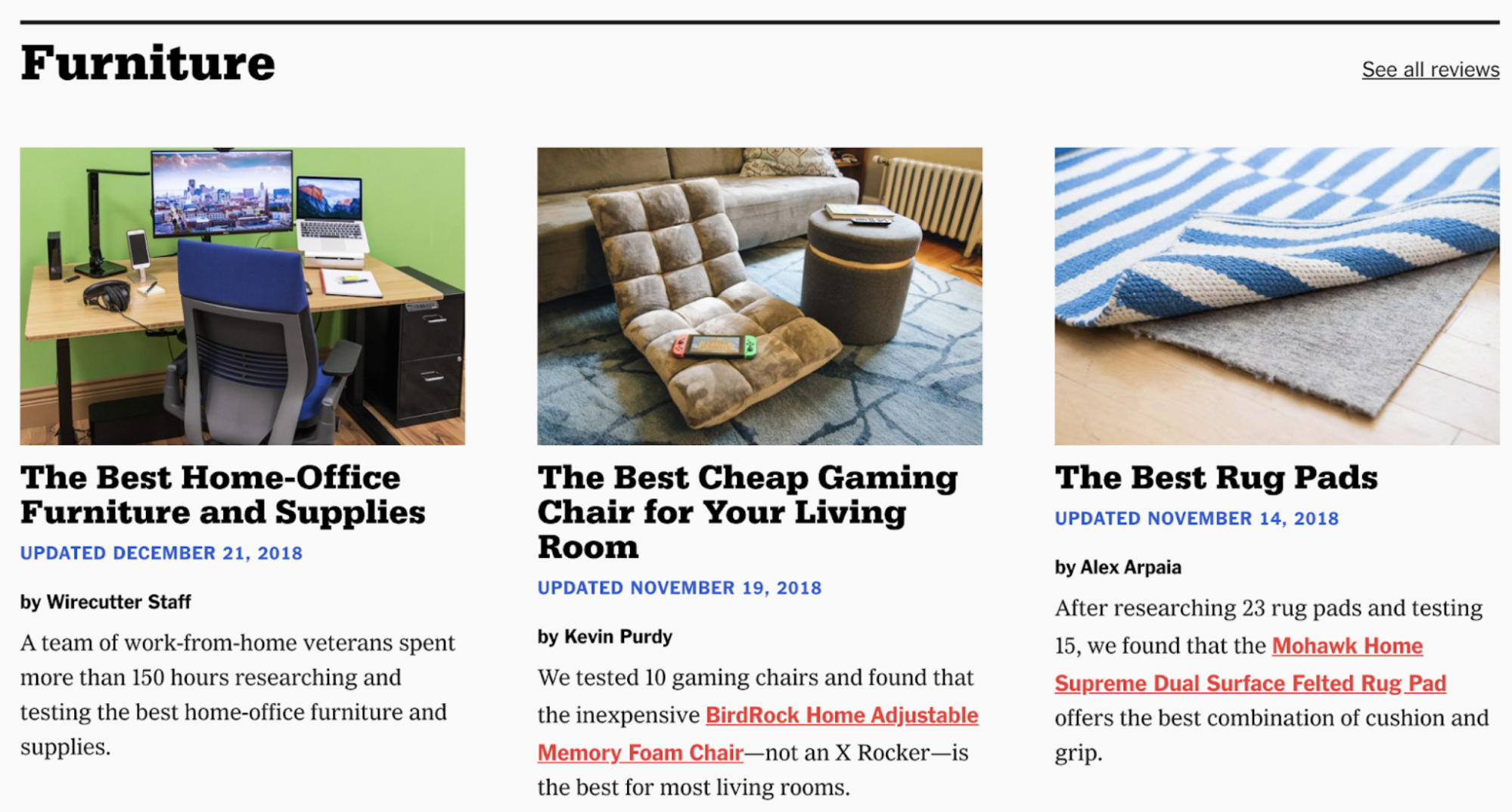 Wirecutter page for reviews of furniture