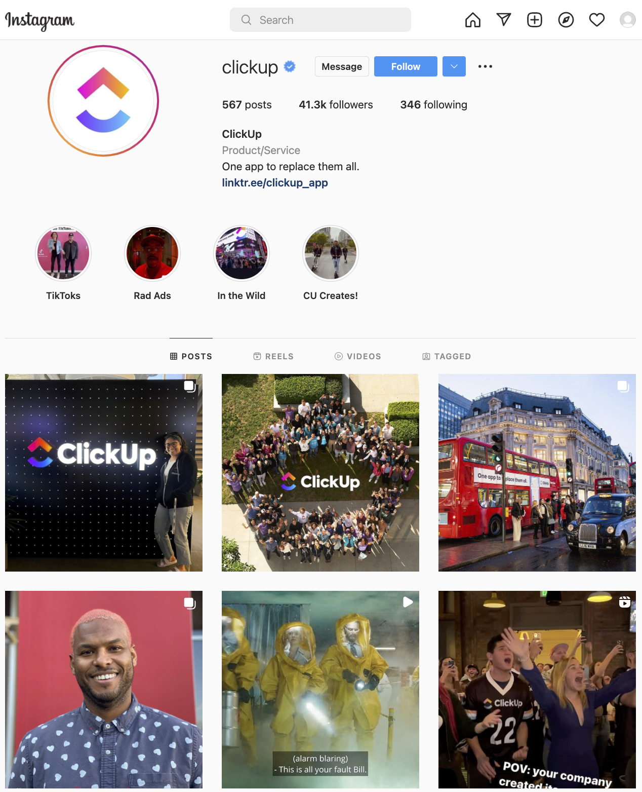 ClickUp Instagram page