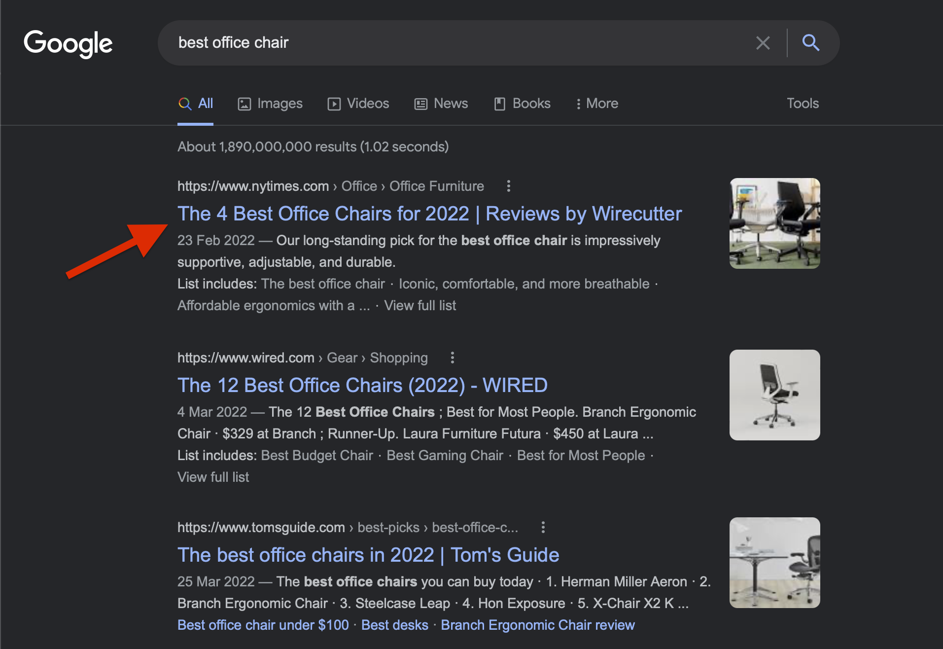 Google search engine results page for 'best office chair'